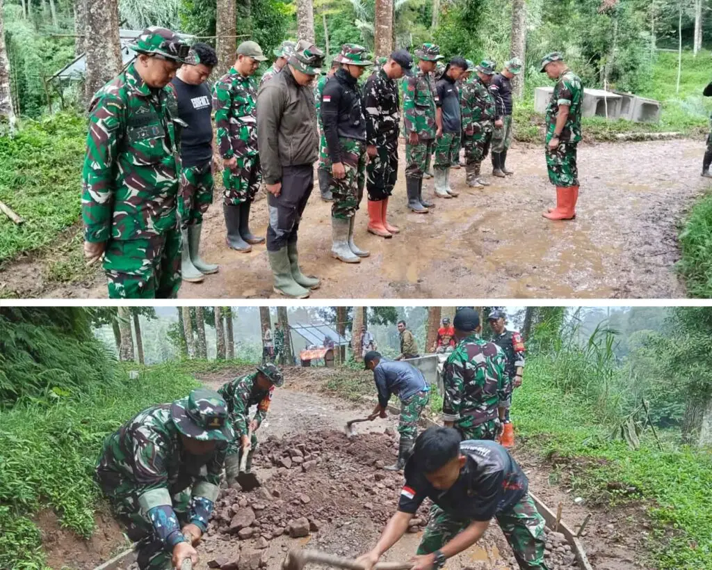 Anggota Satgas TMMD 127 Kodim 0624 Kabupaten Bandung bersama warga Desa Cipelah sedang memasang bekisting dan meratakan beskos untuk pengecoran jalan di Kampung Simpang Babakan Garut Rancabali.