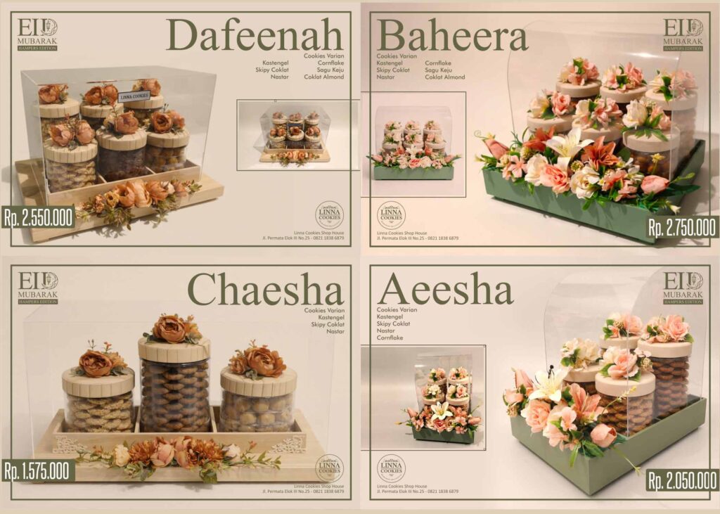 Detail isi parcel Linna Cokiees 2026 varian Lakesha hingga Aeesha dengan kemasan hijau segar dan nuansa mewah