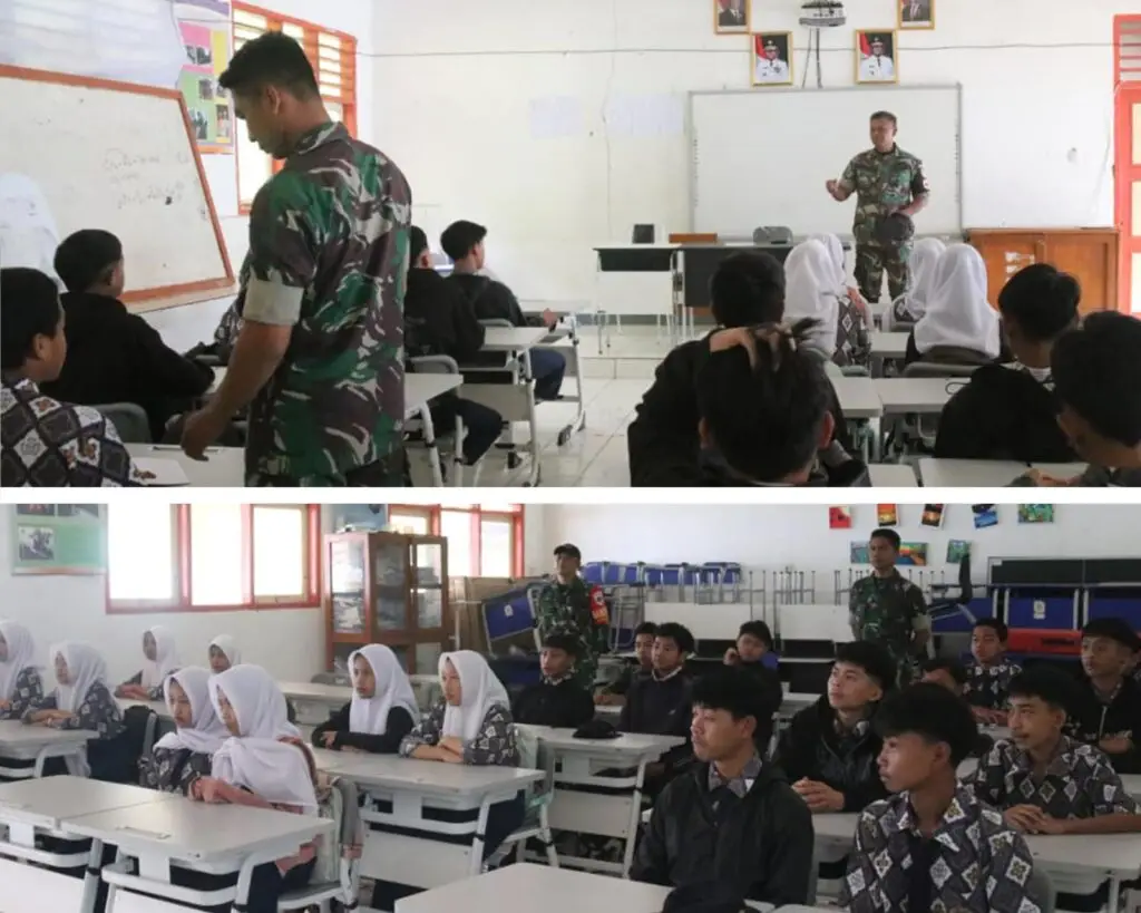 Peltu Wawan Somantri dari Satgas TMMD Kodim 0624 Kab. Bandung memberikan materi Perilaku Hidup Bersih dan Sehat (PHBS) kepada siswa SMPN 3 Rancabali