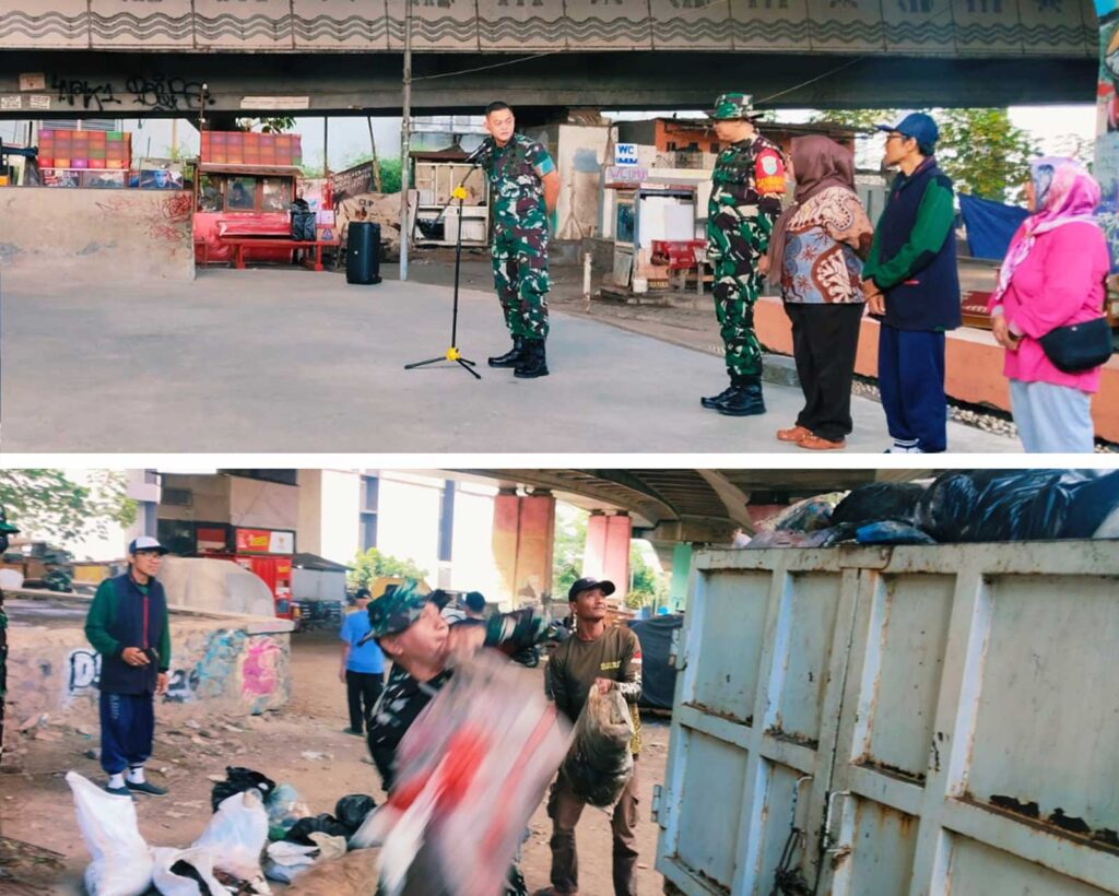 Personel Kodim 0618 Kota Bandung membersihkan sampah di kolong Flyover Tamansari