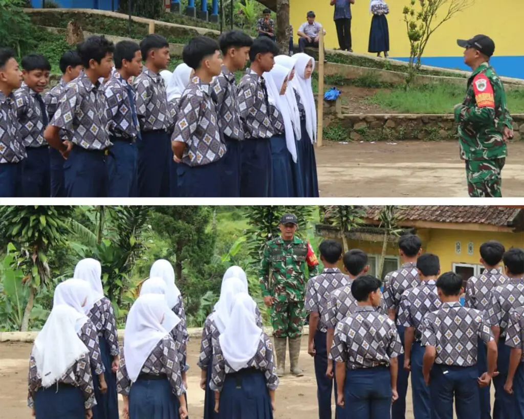 Serda Hendro anggota Satgas TMMD 127 memberikan instruksi pelatihan Peraturan Baris Berbaris (PBB) kepada siswa kelas VIII SMPN 3 Rancabali di Desa Cipelah untuk menanamkan kedisiplinan.