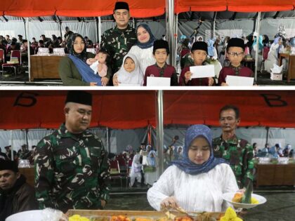 Dandim 0624 Kabupaten Bandung Letkol Kav Samto Betah melakukan pemotongan tumpeng pada acara syukuran HUT ke-6 Kodim 0624 dan buka puasa bersama di Masjid Al-Ikhlas Kodim 0624