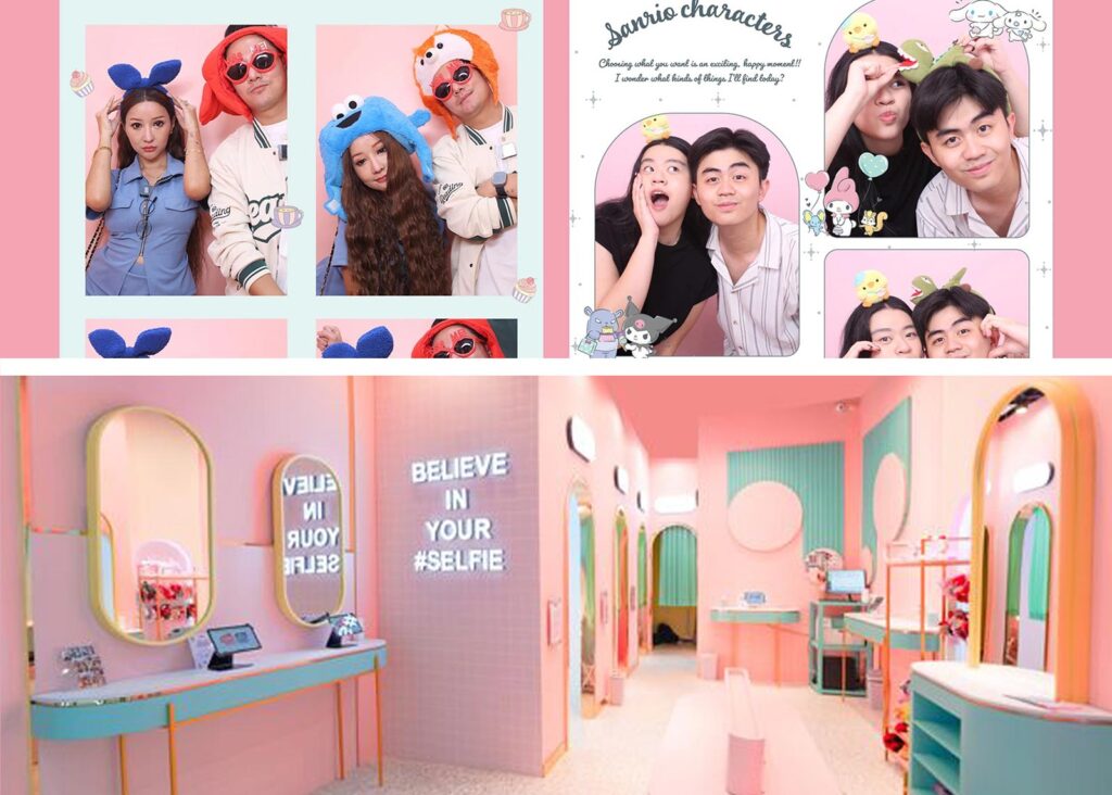 Kolase hasil cetakan foto photo box berwarna-warni dengan berbagai desain frame estetik dari beberapa studio hits di Bandung, menampilkan ekspresi ceria anak muda saat libur Lebaran