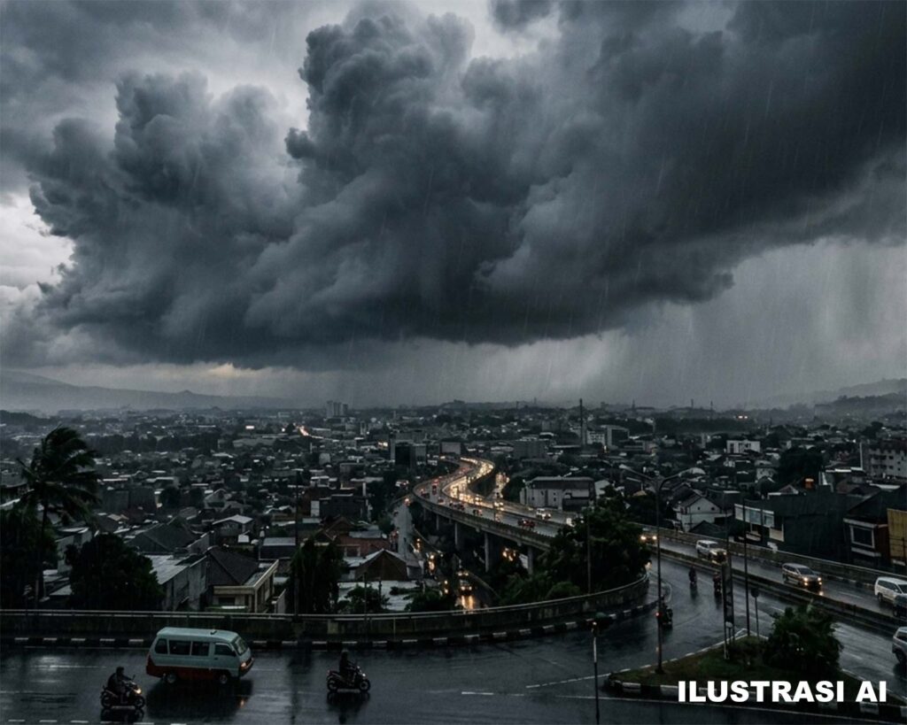 Kondisi langit mendung pekat dan hujan lebat di wilayah Bandung Raya akibat aktivitas awan konvektif