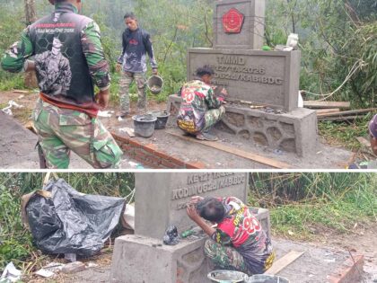 Personel Satgas TMMD 127 Kodim 0624 Kab. Bandung membangun tugu di Desa Cipelah Rancabali