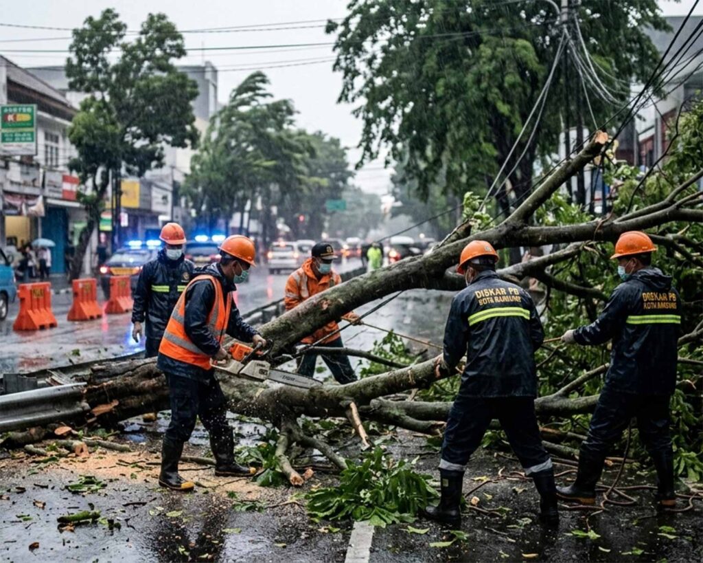 Petugas melakukan evakuasi pohon tumbang di jalan protokol Kota Bandung akibat angin kencang dan cuaca ekstrem
