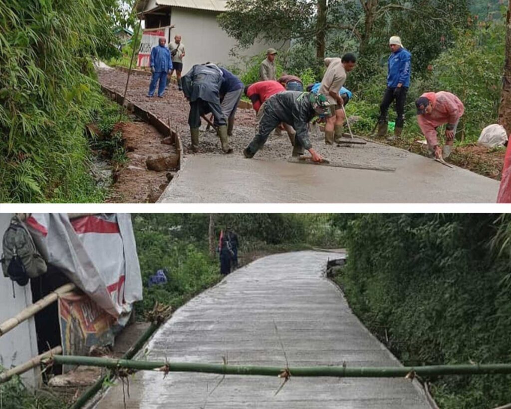 Progres pengecoran jalan 1500 meter program TMMD Ke-127 Kodim 0624 di Desa Cipelah Rancabali saat bulan Ramadan