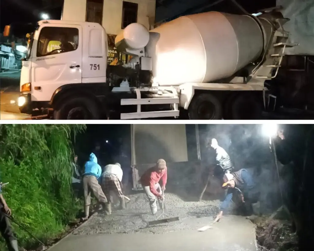 Satgas TMMD 127 Kodim 0624 Kabupaten Bandung cor jalan malam hari di Desa Cipelah