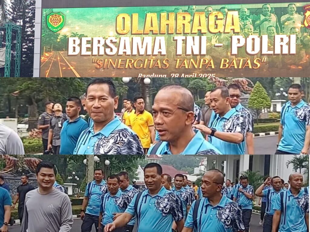 Pangdam III/Siliwangi Mayjen TNI Kosasih dan Kapolda Jabar Irjen Pol Rudi Setiawan tampak berbincang akrab sambil berjalan bersama mengenakan seragam olahraga dalam acara Sinergitas Tanpa Batas di Bandung.