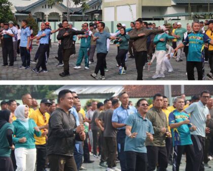 PERERAT SINERGI: Komandan Kodim (Dandim) 0624/Kabupaten Bandung saat memberikan sambutan dalam kegiatan olahraga bersama unsur Forkopimda di Makodim 0624, Jumat (22/5/2026).