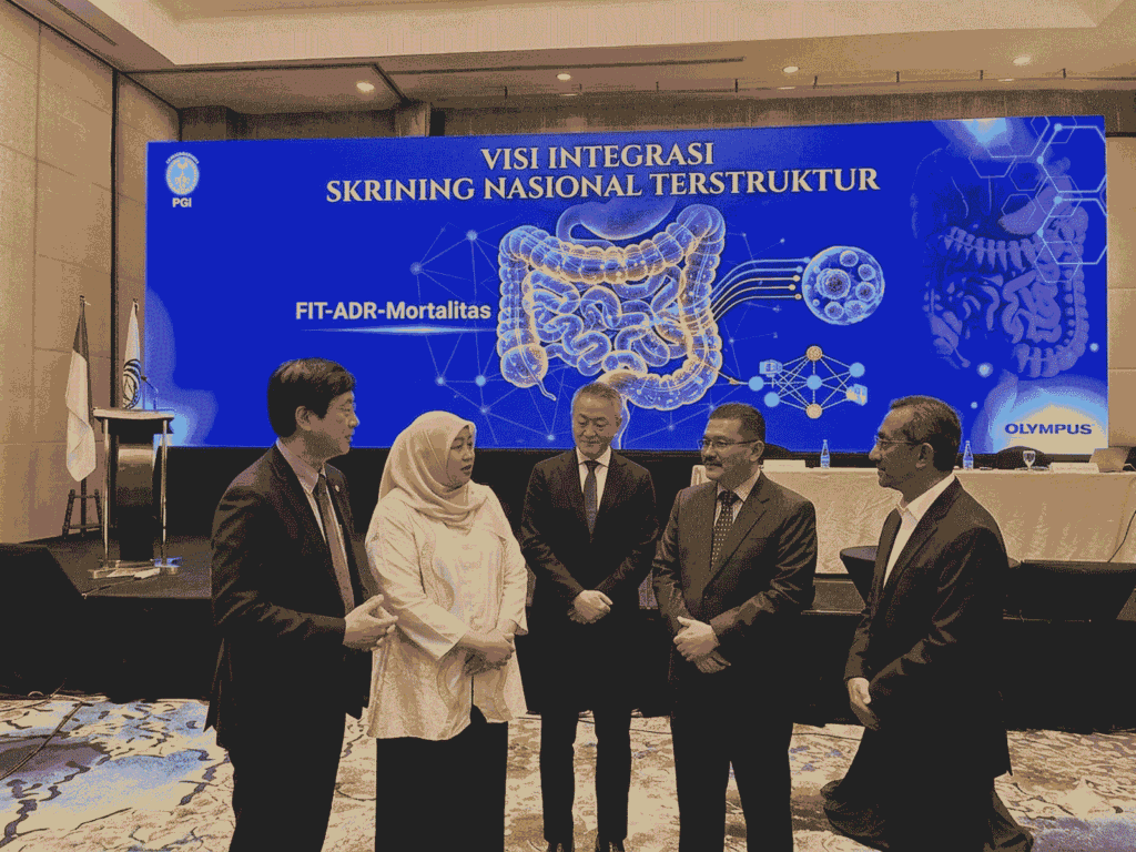 Dari kiri ke kanan Koji Onda, Dr Siti Nadia Tarmizi, Prof Takahisa Matsuda, Prof Ari Fahrial Syam, Prof Murdani Abdullah, dan Prof Han-Mo Chiu pada Gastrointestinal Oncology Summit 2026 (AI)