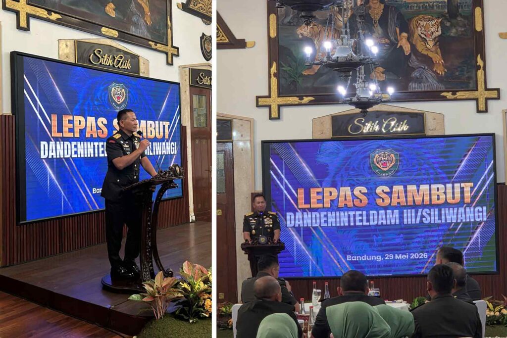 SERTIJAB DANDENINTELDAM — Pangdam III/Siliwangi Mayjen TNI Kosasih, S.E., M.M. (tengah), memberikan arahan didampingi pejabat baru Dandeninteldam III/Siliwangi Letkol Inf Chandra Gantina S. (kanan) dan pejabat lama Letkol Inf Fahrisal Efendi Sinaga (kiri) saat acara tradisi dan ramah tamah serah terima jabatan di Ruang Silihwangi, Makodam III/Siliwangi, Jalan Aceh, Kota Bandung, Jumat (29/5/2026). (Foto: Dok. Pendam III/Siliwangi)