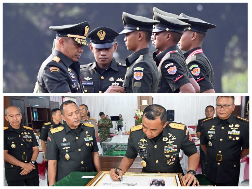 Komandan Kodiklatad Dr. Mohamad Hasan, S.H., M.H., saat melantik jajaran prajurit muda pada upacara penutupan Dikmata TNI AD Gelombang I TA 2026 di Pusdikajen Ditajenad, Lembang.