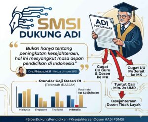 KAWAL KESEJAHTERAAN DOSEN — Serikat Media Siber Indonesia (SMSI) menyatakan dukungan penuh terhadap perjuangan Asosiasi Dosen Indonesia (ADI) dalam uji materi UU Guru dan Dosen di Mahkamah Konstitusi guna menuntut standar upah minimal dua kali lipat UMR, Jumat (29/5/2026). (Foto: Ilustrasi/Dok)